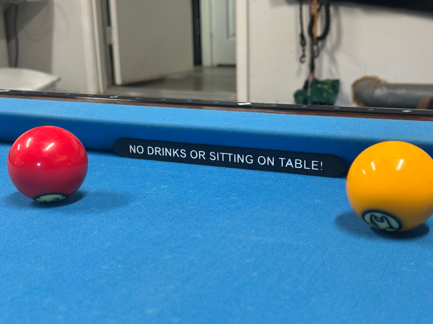 Vortex-3DP Railboards™️:  "NO DRINKING OR SITTING ON TABLE" Pool Table Signs (set of 2)